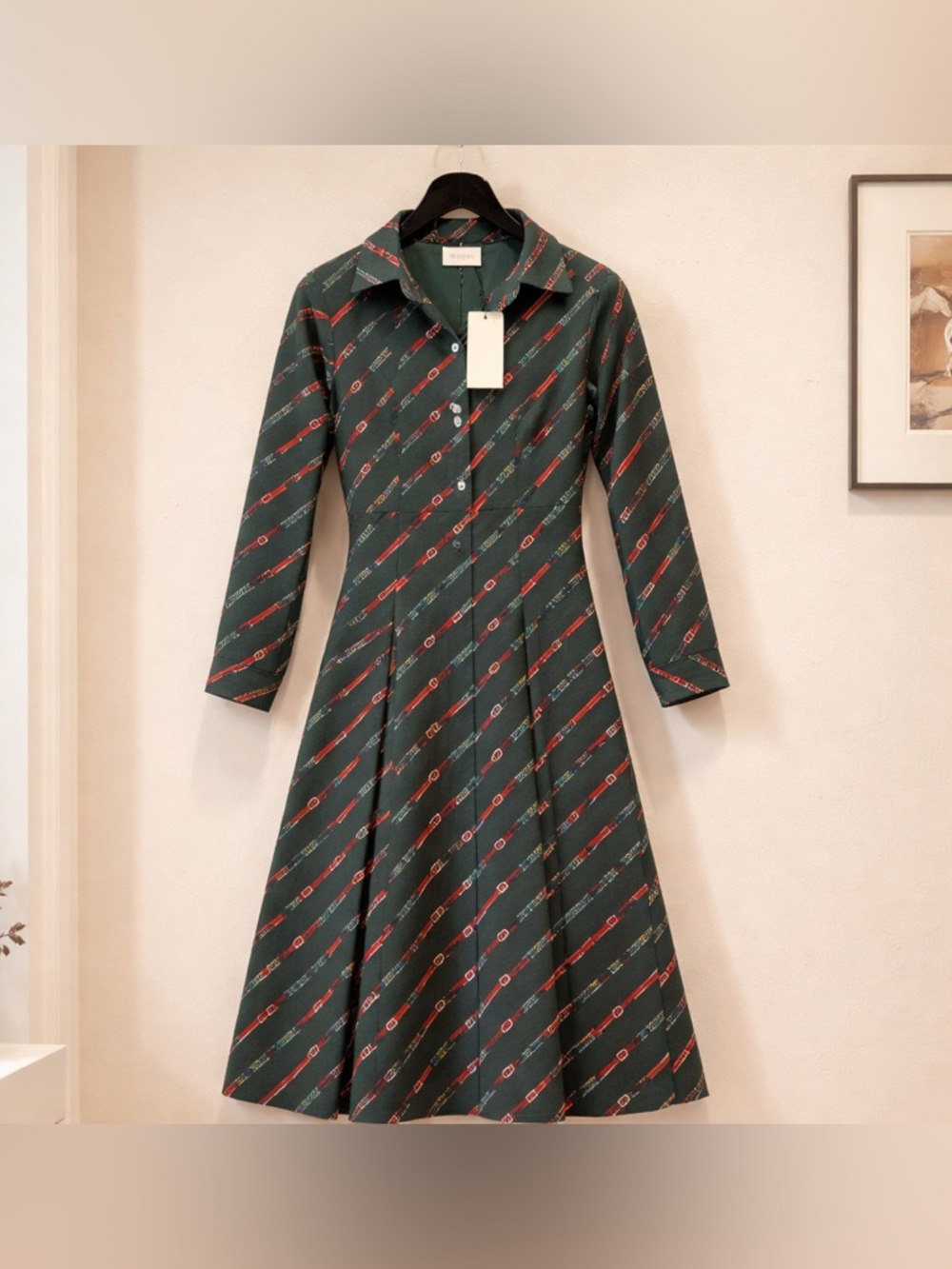 Green Diagonal-Logo Button-Front Long Sleeve Dress